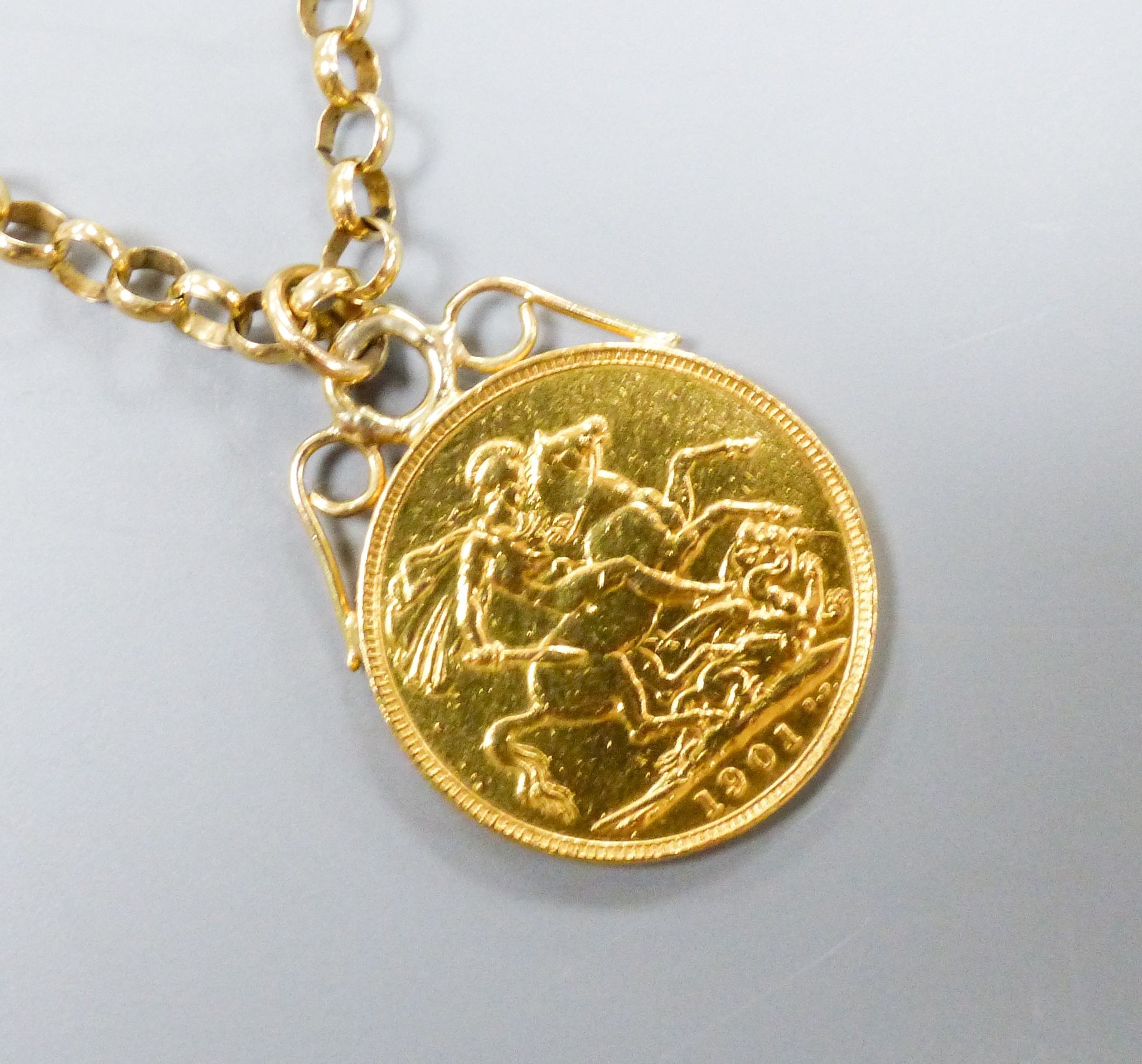 A 1901 gold sovereign on 9ct gold belcher link chain, 60cm, gross weight 19.6 grams.